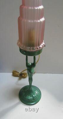 Frankart art deco standing lamp up stretched arms greenie all metal & glass USA