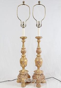 Frederick Cooper Gilt Clawfoot Ceramic Table Lamps Pair Vintage Silk Shades