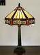 Free Postage Jt Tiffany Stained Glass Six-sided Shade Vintage Bedside Table Lamp