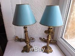 French vintage a pair of charming table lamps ornate bronze / shades