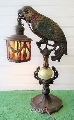 GOTTA L@@K Antique Art Nouveau Cast Metal Parrot Table Lamp With Bird Cage Shade