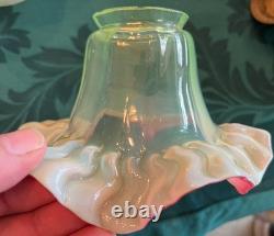 GREAT Antique Art Nouveau VASELINE URANIUM GLASS & PINK EDGE Electric Lamp Shade