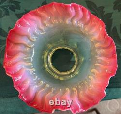 GREAT Antique Art Nouveau VASELINE URANIUM GLASS & PINK EDGE Electric Lamp Shade