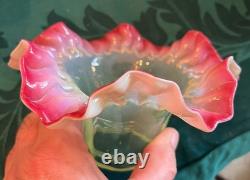 GREAT Antique Art Nouveau VASELINE URANIUM GLASS & PINK EDGE Electric Lamp Shade