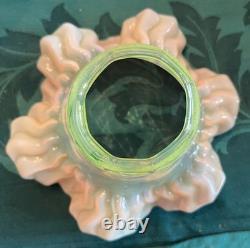 GREAT Antique Art Nouveau VASELINE URANIUM GLASS & PINK EDGE Electric Lamp Shade