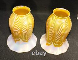 Gorgeous Pair Of 6 Signd Quezal Pulled Feather Design Lamp Shades 2.25 Fitter