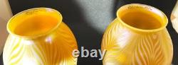 Gorgeous Pair Of 6 Signd Quezal Pulled Feather Design Lamp Shades 2.25 Fitter