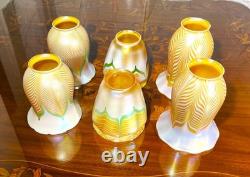 Gorgeous Pair Of 6 Signd Quezal Pulled Feather Design Lamp Shades 2.25 Fitter