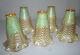 Great Set Of 5 Vintage Quezal Aurene Feathered Iridescent Art Glass Lamp Shades