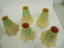 Great Set of 5 Vintage QUEZAL AURENE Feathered Iridescent Art Glass Lamp Shades