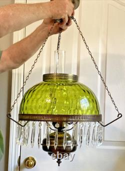 HUGE 14 Green Optic Glass Hanging Swag Hurricane Lamp Brass withCrystals MCM