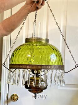 HUGE 14 Green Optic Glass Hanging Swag Hurricane Lamp Brass withCrystals MCM