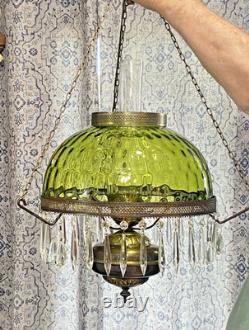 HUGE 14 Green Optic Glass Hanging Swag Hurricane Lamp Brass withCrystals MCM