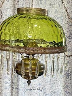 HUGE 14 Green Optic Glass Hanging Swag Hurricane Lamp Brass withCrystals MCM
