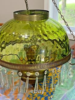 HUGE 14 Green Optic Glass Hanging Swag Hurricane Lamp Brass withCrystals MCM