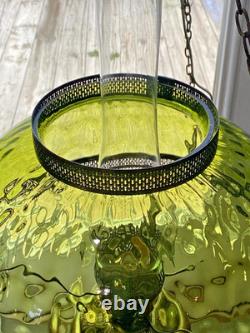 HUGE 14 Green Optic Glass Hanging Swag Hurricane Lamp Brass withCrystals MCM