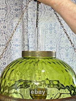 HUGE 14 Green Optic Glass Hanging Swag Hurricane Lamp Brass withCrystals MCM