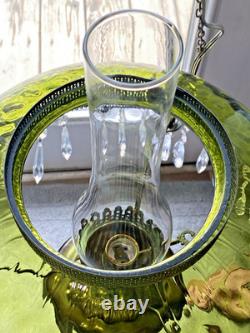 HUGE 14 Green Optic Glass Hanging Swag Hurricane Lamp Brass withCrystals MCM