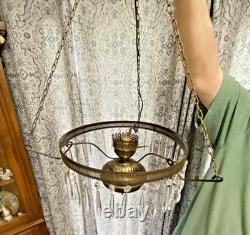 HUGE 14 Green Optic Glass Hanging Swag Hurricane Lamp Brass withCrystals MCM