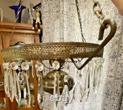 HUGE 14 Green Optic Glass Hanging Swag Hurricane Lamp Brass withCrystals MCM