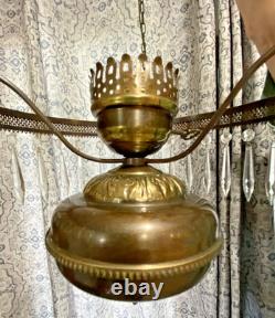 HUGE 14 Green Optic Glass Hanging Swag Hurricane Lamp Brass withCrystals MCM