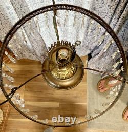 HUGE 14 Green Optic Glass Hanging Swag Hurricane Lamp Brass withCrystals MCM