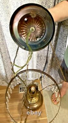 HUGE 14 Green Optic Glass Hanging Swag Hurricane Lamp Brass withCrystals MCM