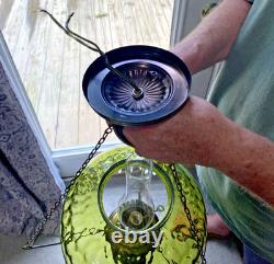 HUGE 14 Green Optic Glass Hanging Swag Hurricane Lamp Brass withCrystals MCM