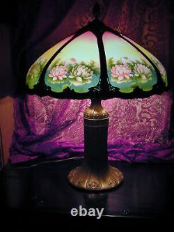 HUGE! Antique c1920 Pittsburgh Reverse Painted Lamp8 Panel Chipped ice Shade