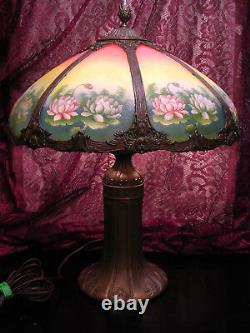 HUGE! Antique c1920 Pittsburgh Reverse Painted Lamp8 Panel Chipped ice Shade