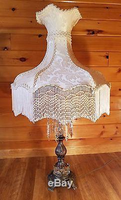 HUGE PAIR VTG CRYSTAL LAMPS With VICTORIAN BELL SHADES FRINGE/TASSEL/BEADS