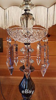 HUGE PAIR VTG CRYSTAL LAMPS With VICTORIAN BELL SHADES FRINGE/TASSEL/BEADS