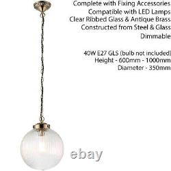Hanging Ceiling Pendant LightBRASS & RIBBED GLASSLarge Round Lamp Shade Holder