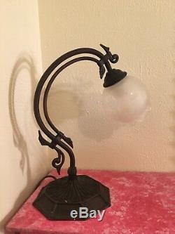 Heavy Art Deco Nouveau Vintage Bridge Arm Table Lamp withEtched Glass Shade RARE