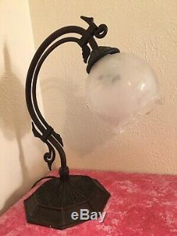 Heavy Art Deco Nouveau Vintage Bridge Arm Table Lamp withEtched Glass Shade RARE