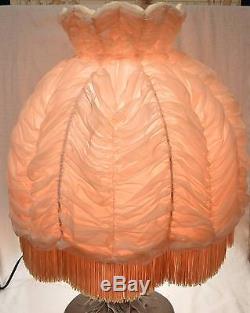 Huge Vintage Lamp Shade Ruched Pale Pink Sheer With Scalloped Fringe Shabby