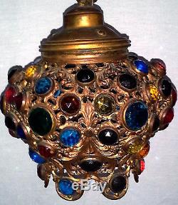 Jeweled Vtg Bohemian Art Glass Crystal Hanging Lamp Chandelier Light Lampshade