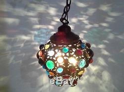 Jeweled Vtg Bohemian Art Glass Crystal Hanging Lamp Chandelier Light Lampshade