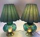 K-576 Pair 2 Vintage Green Crown Glass H Painted Table Lamps Fluted Shades 28