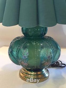 K-576 Pair 2 Vintage Green Crown Glass H Painted Table Lamps Fluted Shades 28