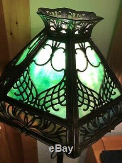 LAMP SHADE Slag Glass Green Multi Brass Filigree 6 Panels Heavy Vintage