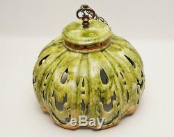 LARGE Mid Century Ceramic Cutout Swag Lamp-Green & Gold Vtg Hanging Lamp Shade