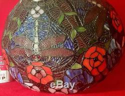 LARGE roses & dragonfly slag glass globe vtg stained table lamp shade flower art