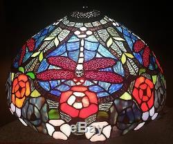 LARGE roses & dragonfly slag glass globe vtg stained table lamp shade flower art