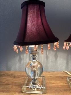 LEVITON Art Deco Ball glass Orb Table Boudoir Lamp Beaded Fringe Shade Set Of 2