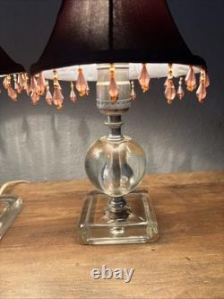 LEVITON Art Deco Ball glass Orb Table Boudoir Lamp Beaded Fringe Shade Set Of 2 LEVITON Art Deco Ball glass Orb Table Boudoir Lamp Beaded Fringe Shade Set Of 2