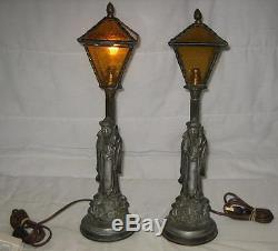 Lot Of 2 Vintage Leviton Cast Iron & Green Glass Lamp Shade Asian Table Lamps