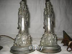 Lot Of 2 Vintage Leviton Cast Iron & Green Glass Lamp Shade Asian Table Lamps