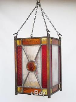 LOVELY LEADED STAINED GLASS LANTERN LAMP SHADE ceiling light chandelier vintage
