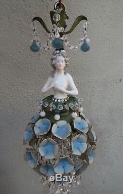 Lady DOLL FRENCH Hydrangea shade dress SWAG lamp vintage Porcelain Brass crystal